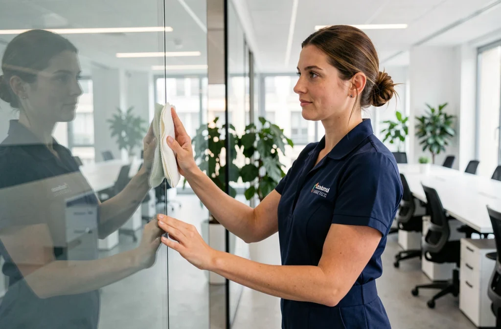 Technicienne de nettoyage Accecit nettoyant une cloison vitrée dans un bureau moderne parisien