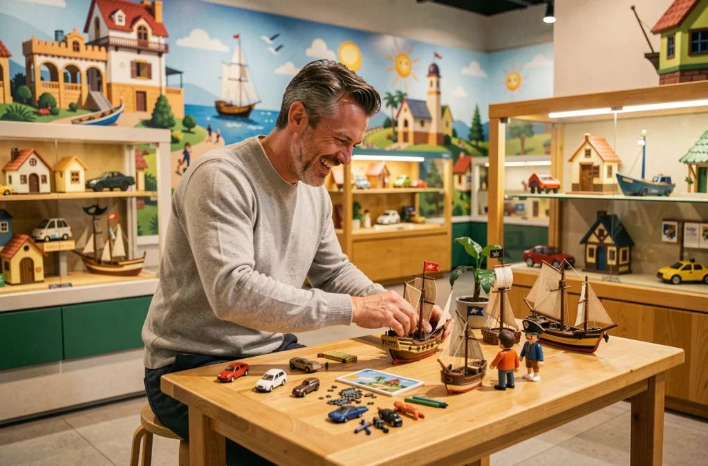 Homme adulte assemblant un décor Playmobil lors d'une activité participative dans un espace visiteurs d'usine
