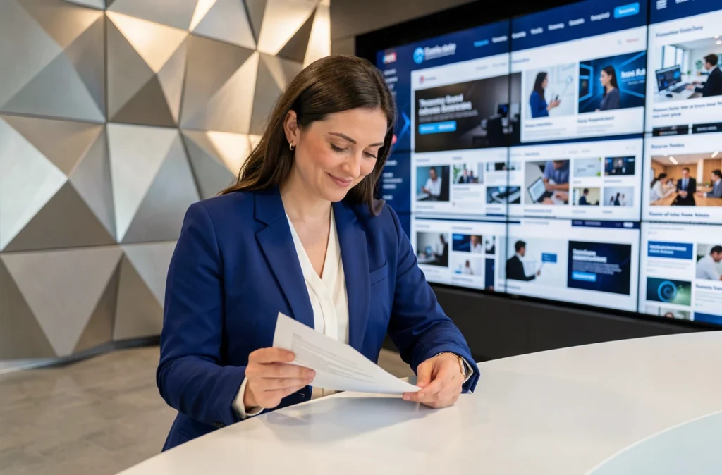 Consultante en innovation de l'agence EEnov en Gironde dans un hall moderne avec mur d'affichage numérique de projets web