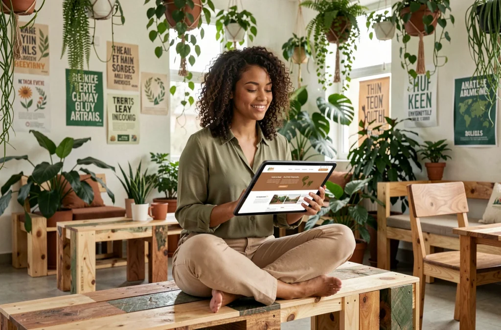 Designer UX de l'agence Ethiko travaillant dans un bureau éco-responsable rempli de plantes et de mobilier recyclé en Gironde