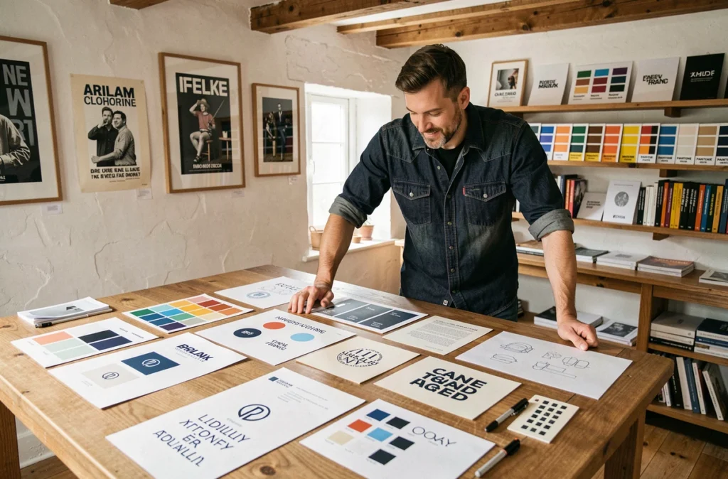 Designer graphique de l'agence GW en Gironde entouré de maquettes d'identité visuelle et de typographies dans un atelier créatif