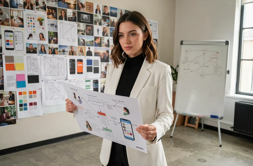 Directrice créative de l'agence Ideclap tenant un storyboard d'application dans un studio créatif rempli d'inspirations visuelles en Gironde
