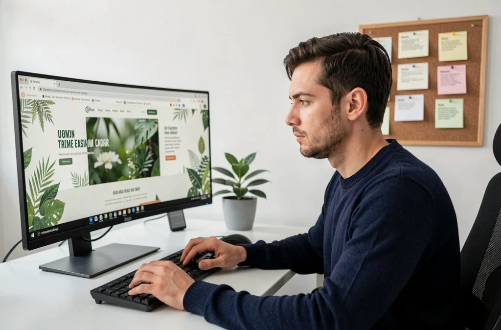 Développeur web travaillant sur une interface au design naturel et éco-responsable pour l'agence Natural-net en Gironde
