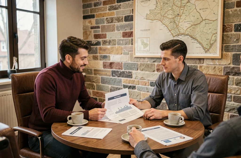 Deux consultants web de l'agence Sympozium en réunion avec un client autour d'une table dans une salle de conférence girondine
