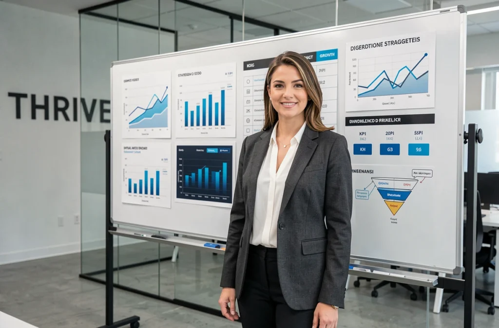 Stratège digitale de l'agence THRIVE en Gironde présentant des indicateurs de performance marketing devant un tableau blanc