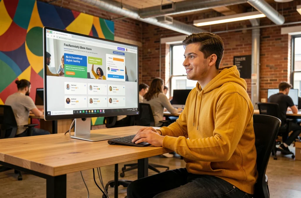 Designer web de l'agence Youdemus dans un espace de coworking girondins travaillant sur une interface communautaire et sociale