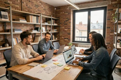 Équipe d'une agence web en Gironde collaborant autour d'une table avec maquettes et ordinateurs portables dans un bureau moderne à Bordeaux