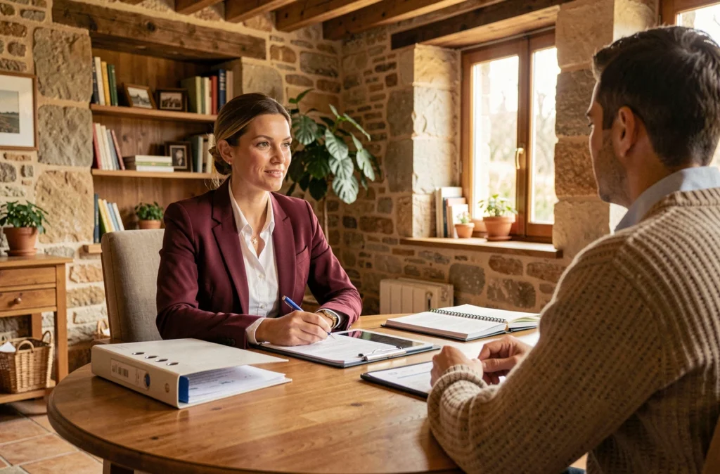 Experte-comptable d'Agexpertise à Clermont-Ferrand en consultation avec un client dans un bureau au charme auvergnat avec murs en pierre apparente