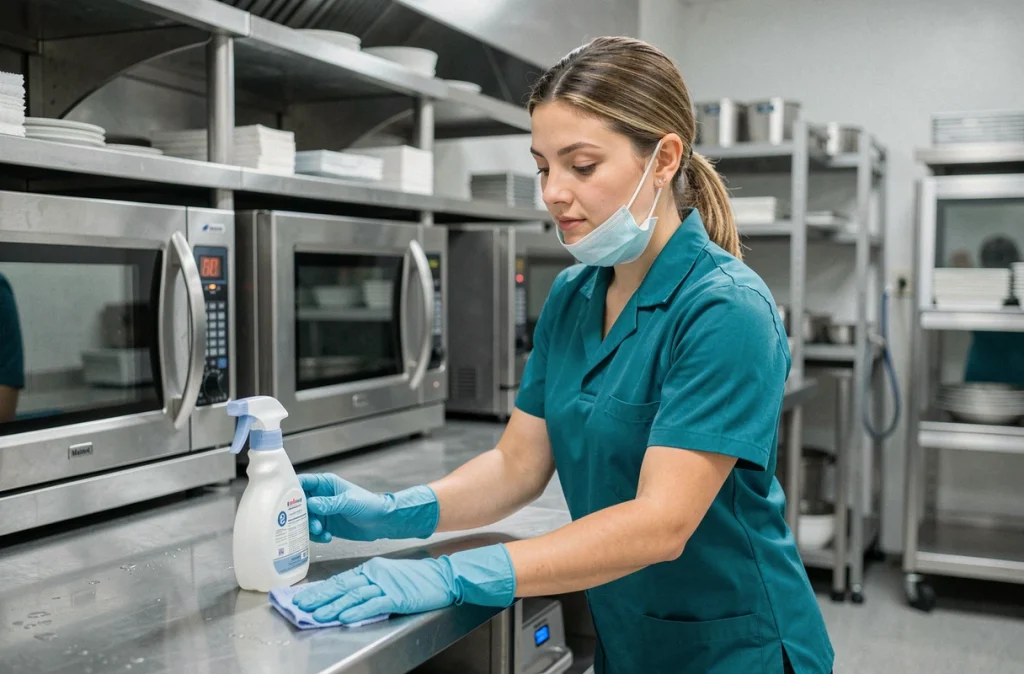 Agente Alavenir Clean désinfectant un plan de travail dans une cuisine professionnelle en Île-de-France