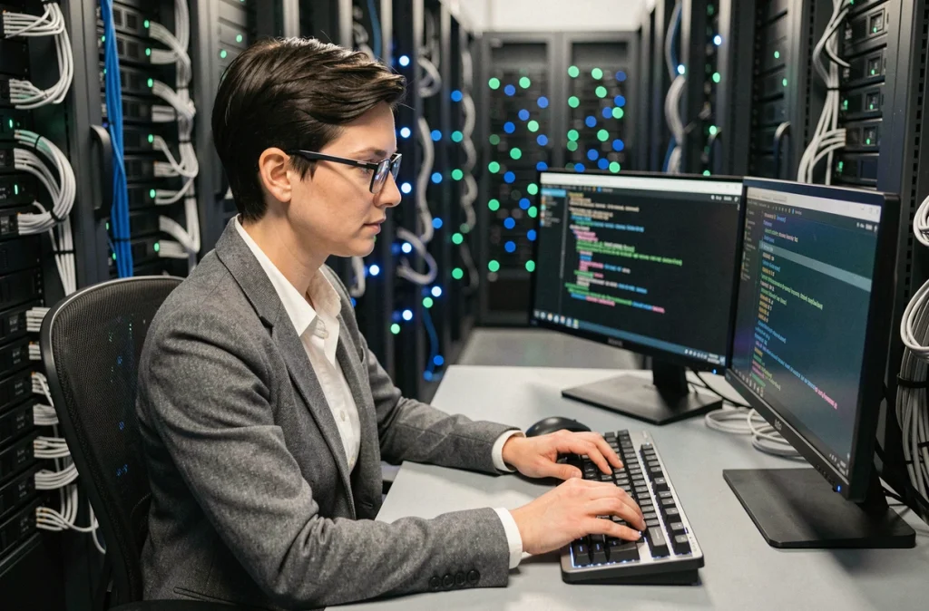 Analyste en sécurité informatique travaillant sur des configurations de pare-feu dans une salle des serveurs industrielle