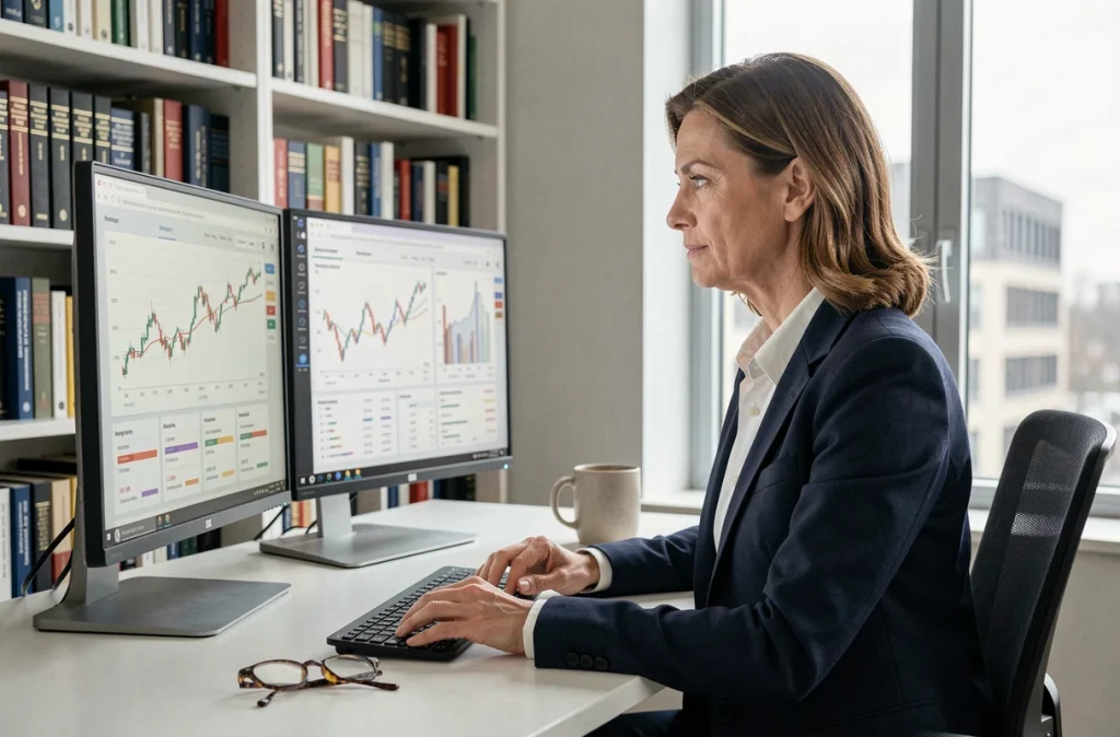 Analyste financière étudiant des tableaux de bord de valorisation post-fusion sur double écran dans un bureau moderne