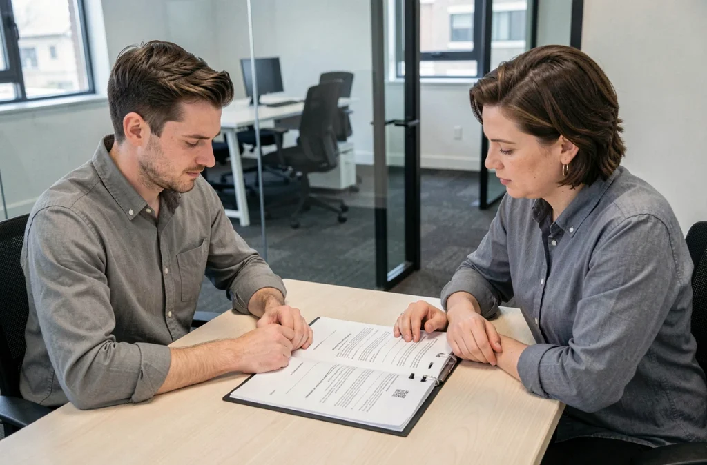 Apprenti discutant d'un formulaire de rupture de contrat avec un conseiller RH