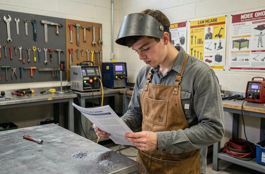 Jeune apprenti soudeur en formation professionnelle dans un atelier industriel, illustrant le manque de travailleurs qualifiés