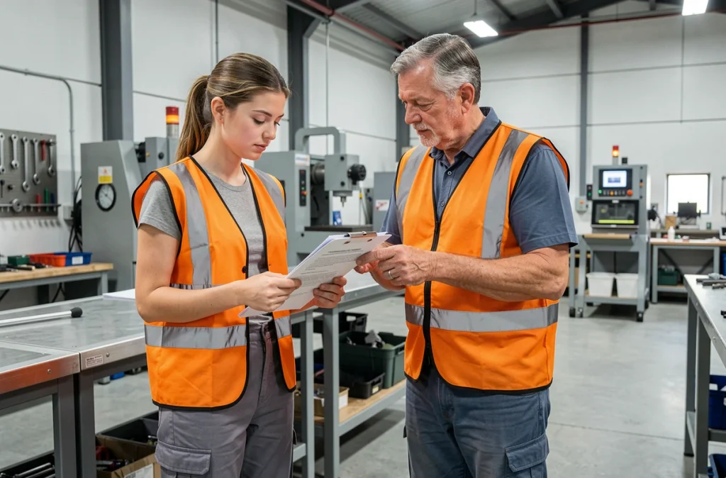 Apprentie en atelier industriel examinant son contrat d'apprentissage avec son tuteur professionnel