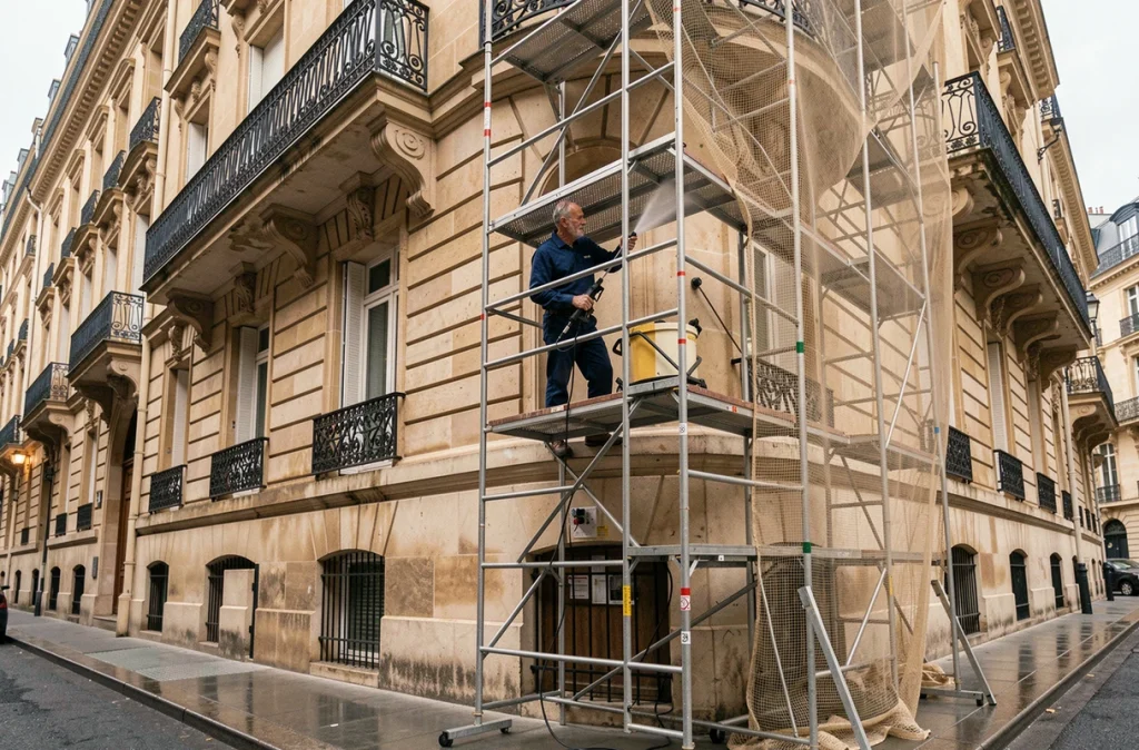 Technicien ASR Nettoyage nettoyant la façade d'un immeuble haussmannien à Paris avec un nettoyeur haute pression