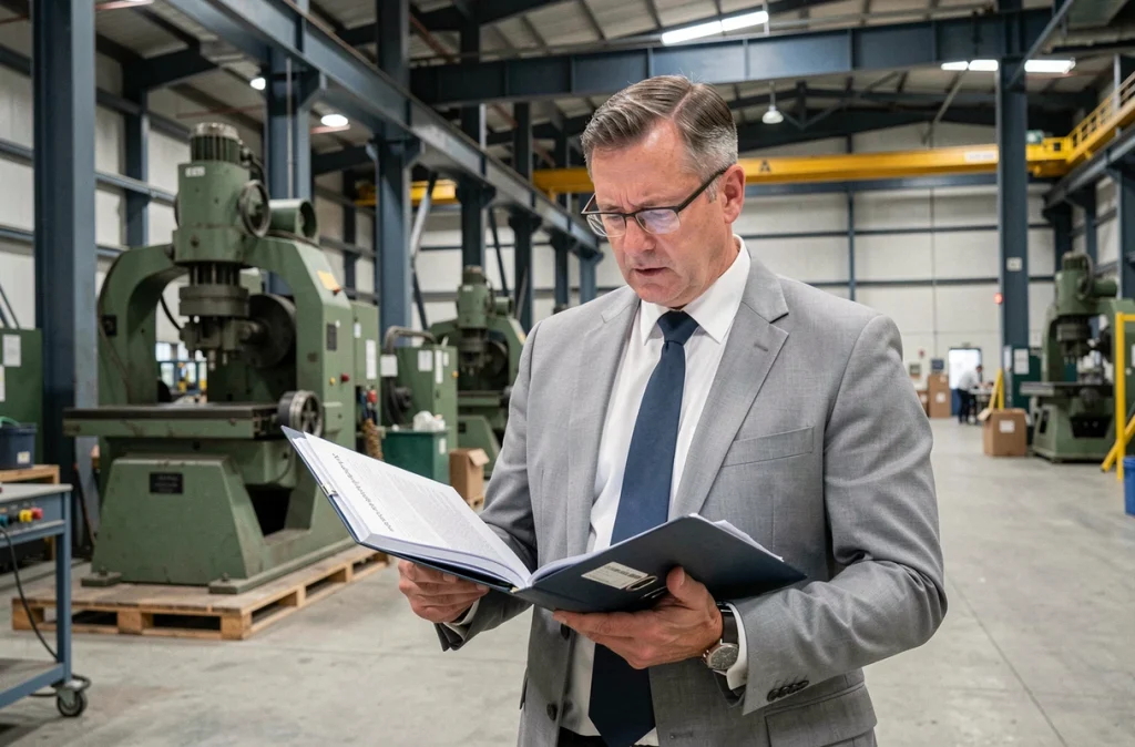 Avocat spécialisé en droit des affaires inspectant des documents de conformité lors d'une cession d'usine industrielle