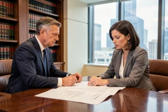 Avocat et dirigeante d'entreprise examinant un contrat de sous-traitance dans un cabinet juridique