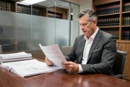 Avocat spécialisé en propriété industrielle examinant un brevet dans un cabinet juridique moderne
