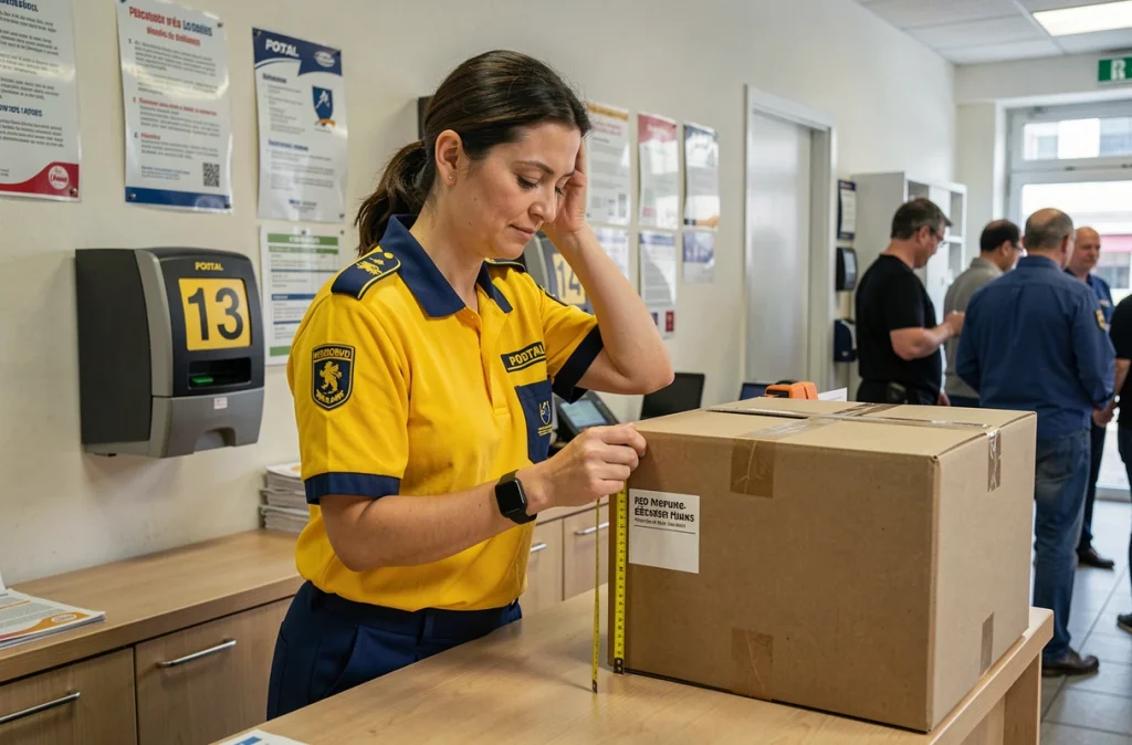 Employée de La Poste mesurant un colis encombrant trop grand pour être accepté en bureau de poste Colissimo