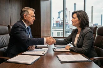 Deux dirigeants d'entreprise signant un accord de cession industrielle lors d'une réunion formelle en salle de conférence
