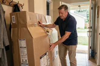 Homme emballant un grand colis encombrant dépassant les dimensions maximales Colissimo dans un couloir de maison
