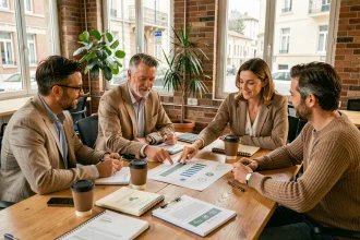 Groupe de professionnels collaborant autour d'un projet d'entreprise sociale dans un espace de coworking à Toulouse