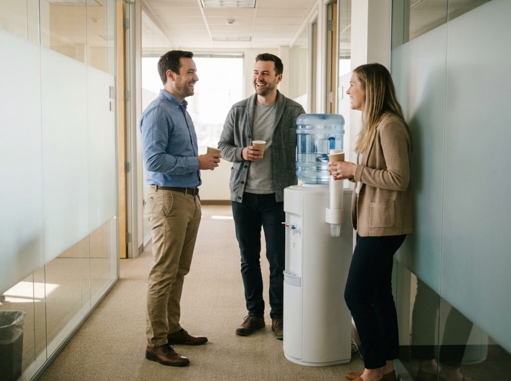 Collègues de travail discutant autour d'une fontaine à eau dans un couloir de bureau
