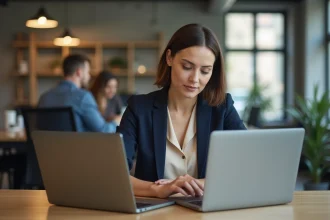 Professionnelle comparant deux options de travail freelance sur des ordinateurs portables dans un espace de coworking moderne
