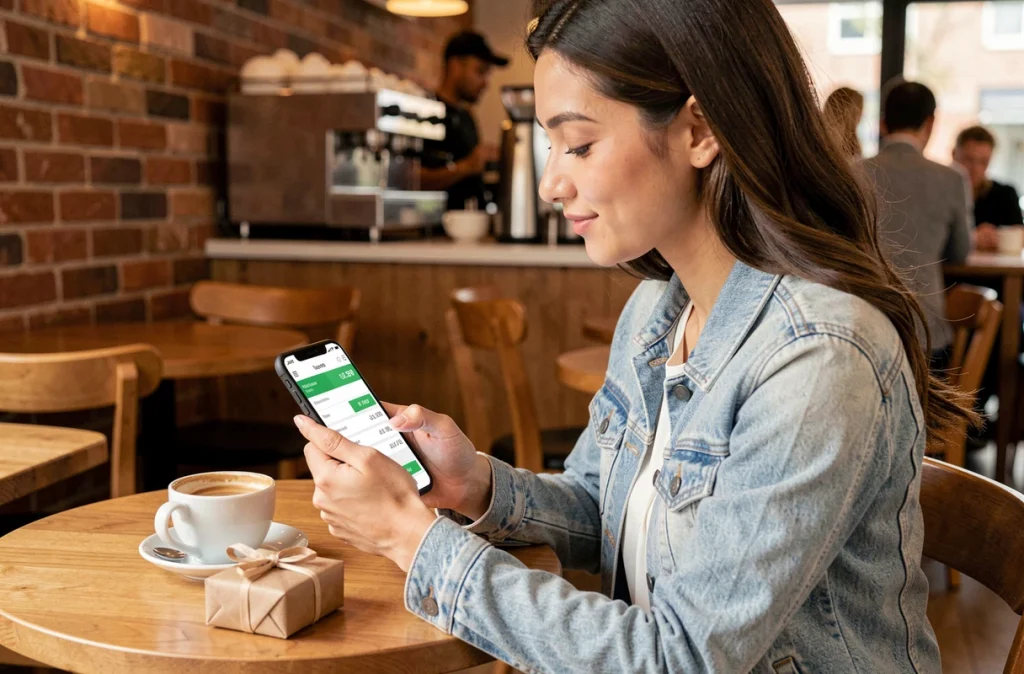 Jeune femme comparant les prix des services de livraison par transporteur sur son smartphone dans un café