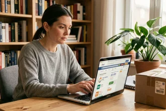 Femme comparant des offres de livraison par transporteur sur un ordinateur portable dans un bureau à domicile