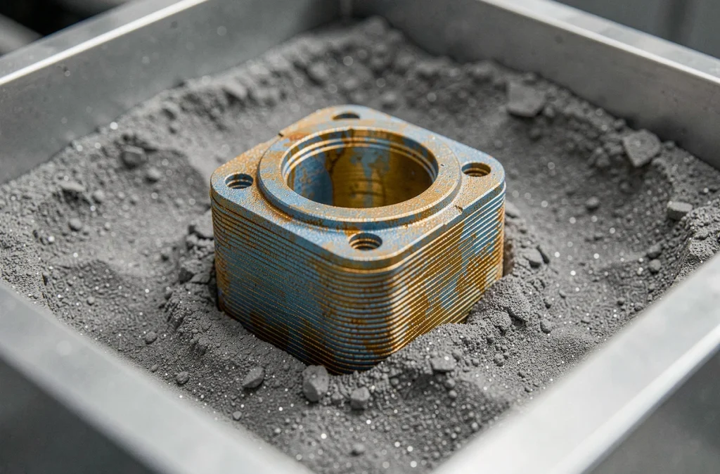 Gros plan sur une pièce en titane en cours de fabrication par fusion sur lit de poudre métallique en impression 3D