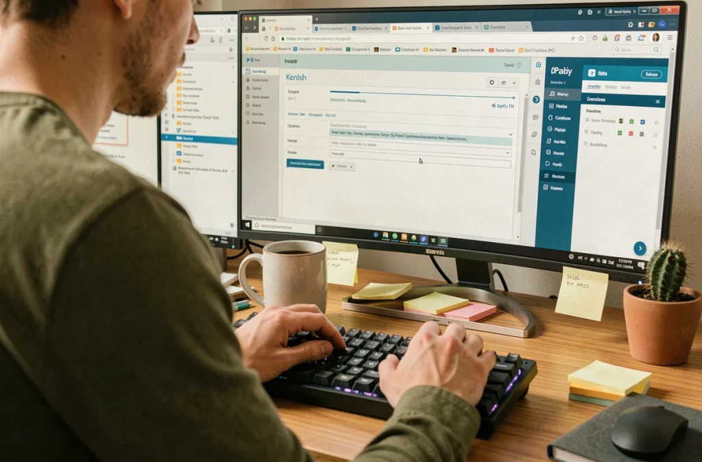 Développeur configurant une connexion API entre deux outils logiciels sur son poste de travail à domicile, illustrant l'intégration technique sans disruption