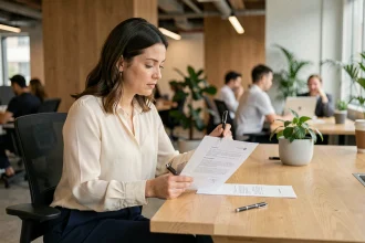Femme en tenue professionnelle examinant un contrat de travail CDI CDD à son bureau