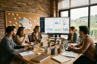 Équipe de consultants SEO en Bourgogne-Franche-Comté travaillant autour d'un écran d'analyse dans un bureau moderne avec vue sur les vignes
