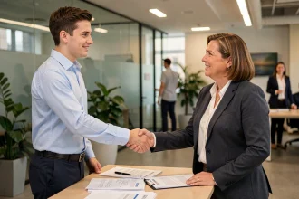 Jeune apprenti signant un contrat d'apprentissage avec une responsable RH dans un bureau professionnel moderne