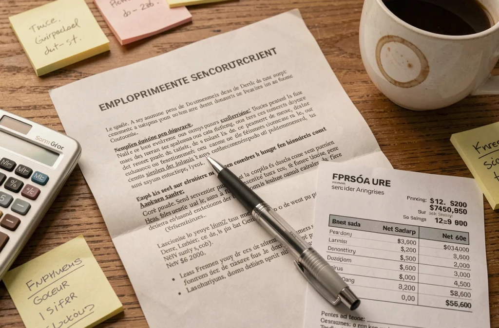 Contrat de travail de la fonction publique ouvert sur un bureau avec fiche de paie et calculatrice illustrant le salaire contractuel
