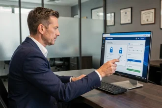 Courtier en assurance consultant un extranet sécurisé AXA sur son écran de bureau dans un open space professionnel
