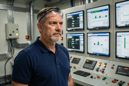 Ingénieur en cybersécurité industrielle surveillant des systèmes SCADA sur un panneau de contrôle dans une usine de production