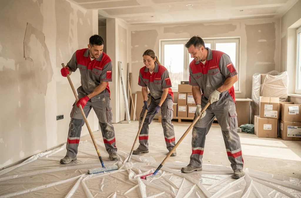Équipe Deca Propreté IDF réalisant un nettoyage de fin de chantier dans un local commercial neuf en Île-de-France