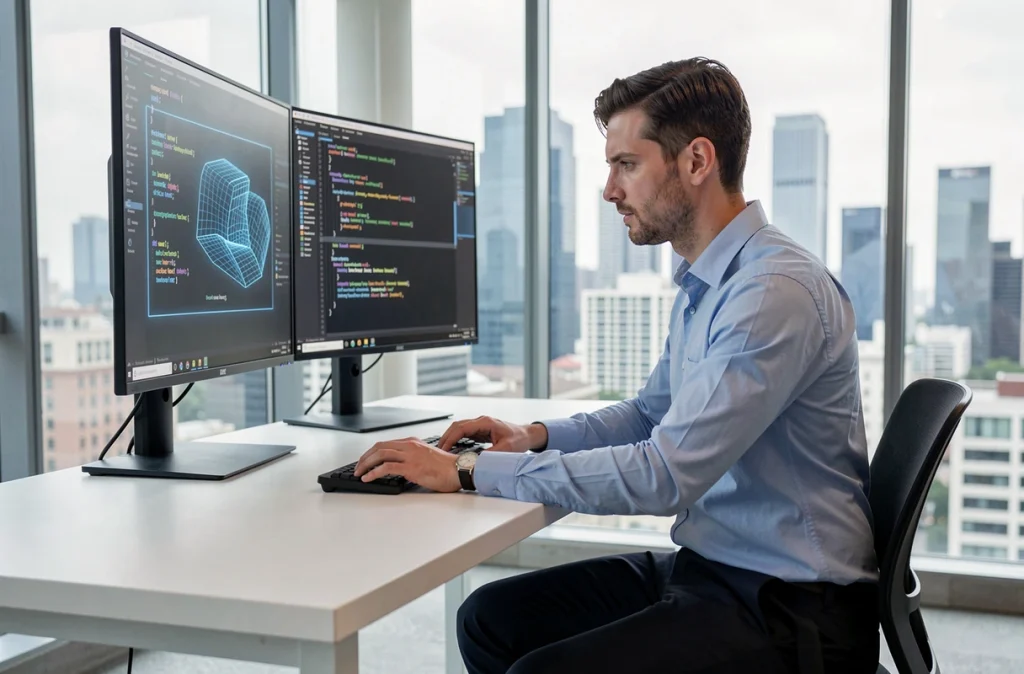 Développeur d'une start-up industrielle programmant un modèle d'intelligence artificielle dans un bureau moderne avec vue urbaine
