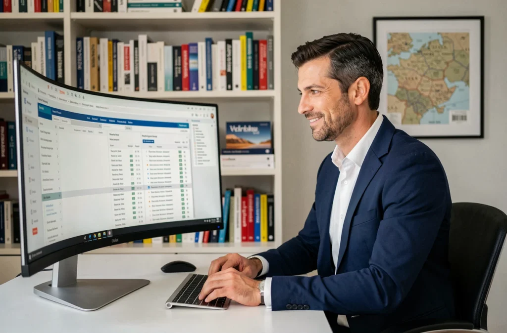 Portrait de Dino Menicucci, consultant SEO, assis à son bureau devant un écran d'analyse de mots-clés dans un bureau épuré