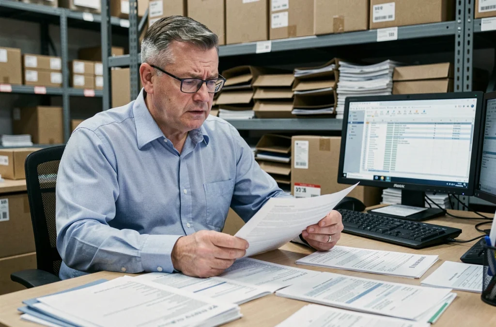 Directeur de magasin GiFi analysant des documents financiers dans un bureau en coulisses face à la crise de l'enseigne