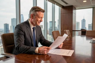 Dirigeant d'entreprise analysant des documents de fusion-acquisition dans une salle de conseil avec vue sur la ville