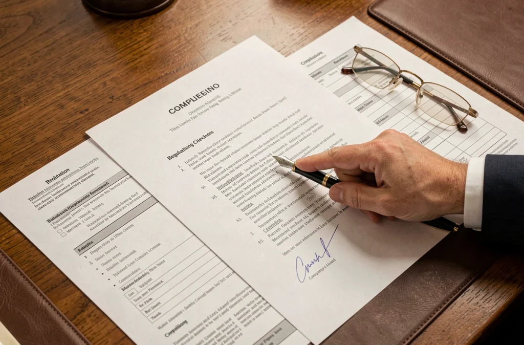 Documents juridiques et contrats de cession d'entreprise industrielle disposés sur un bureau avec stylo et checklist réglementaire
