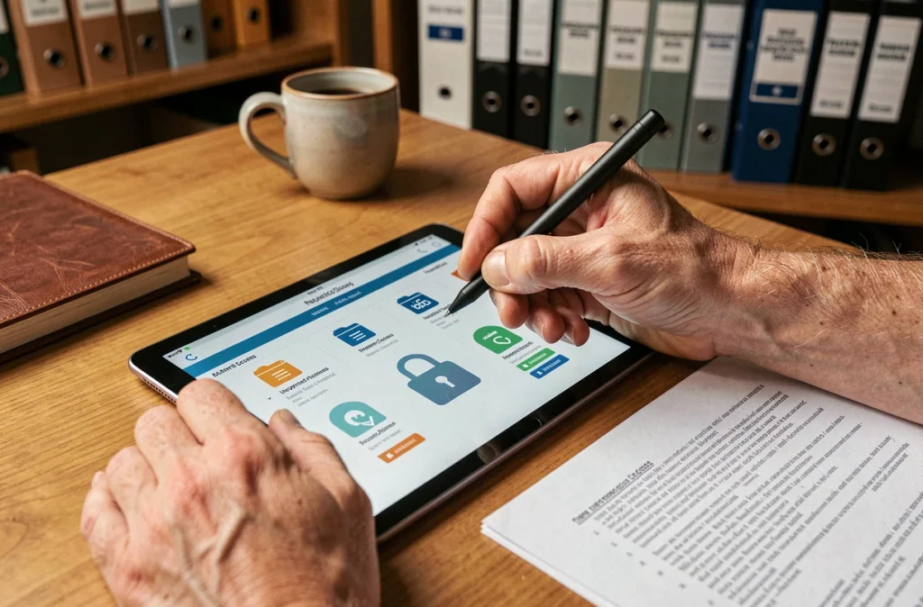 Gros plan de mains consultant un dossier client sécurisé sur tablette avec icônes de chiffrement sur un bureau professionnel