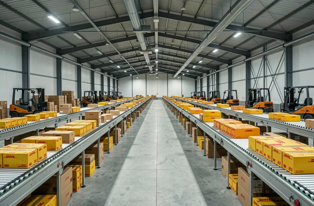 Entrepôt de tri DHL à l'arrêt avec des colis non traités sur les tapis roulants pendant la grève