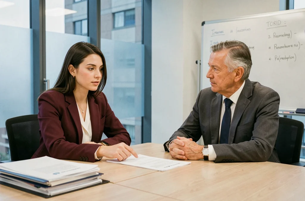 Entretien RH sur les droits au congé trimestriel entre un employé et un responsable des ressources humaines