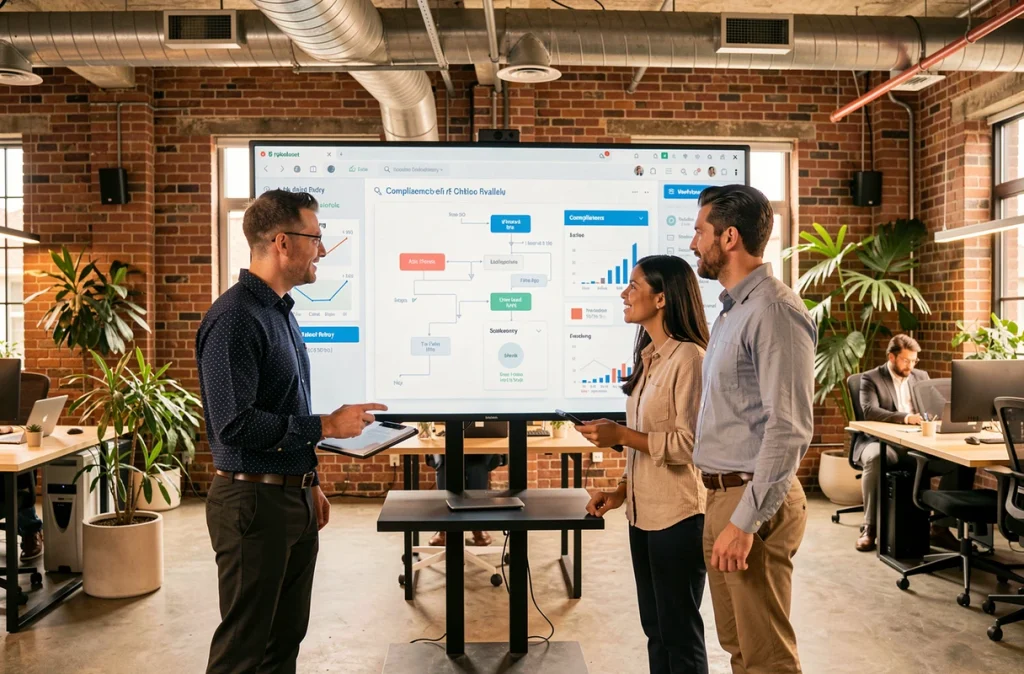 Équipe pluridisciplinaire de conformité fintech collaborant autour d'un tableau de bord numérique dans un open space moderne
