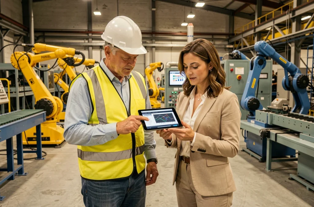 Responsable de production et consultante en cybersécurité analysant les vulnérabilités réseau sur tablette dans une usine