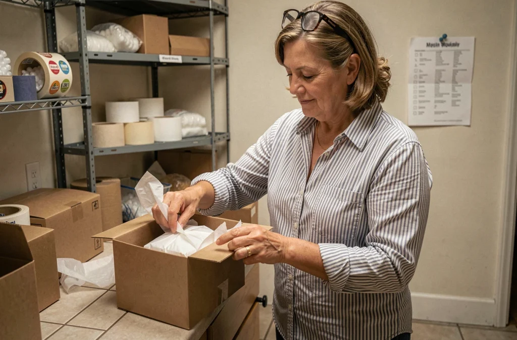 Femme emballant des produits dans un espace de travail aménagé à domicile, activité de conditionnement et d'emballage en télétravail